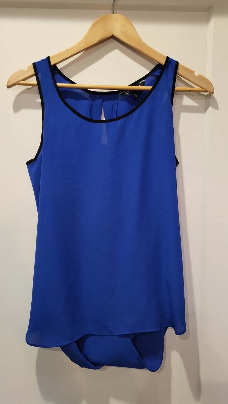 Express Royal Blue Sleeveless Tank Top with Black Trim and Draped Open Back, S